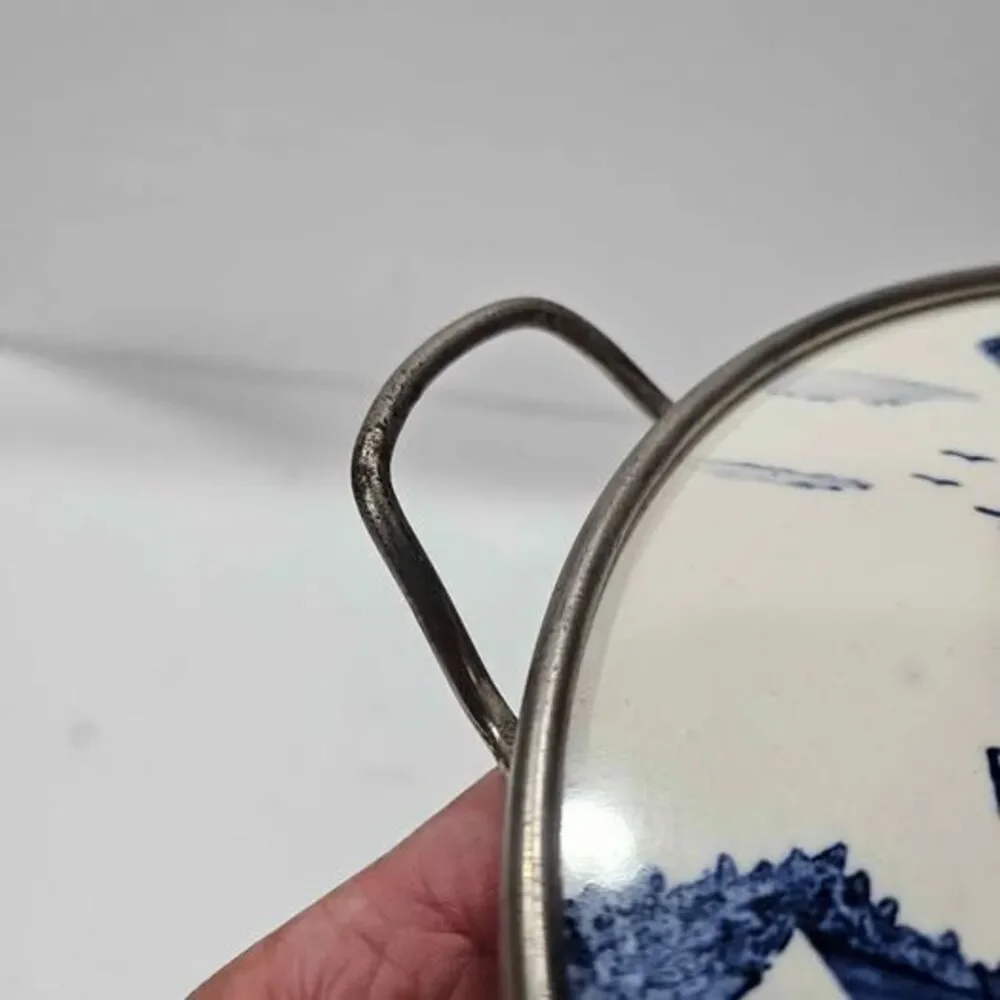 Vintage Dutch Delft Blue Windmill Sailboat Trivet Hot Plate with Handles.